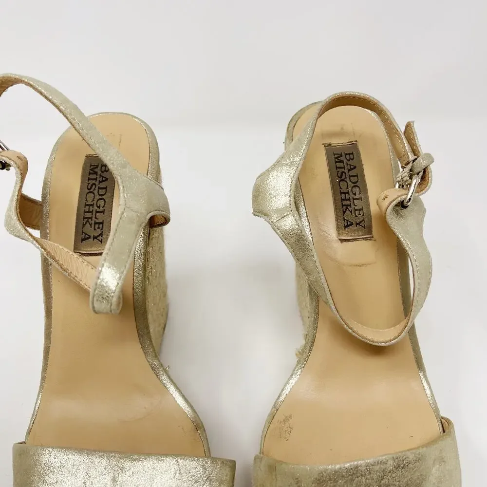 Badgley Mischka 5.5 Gold Leather Espadrille Wedge Sandals Ankle Wrap 4.5